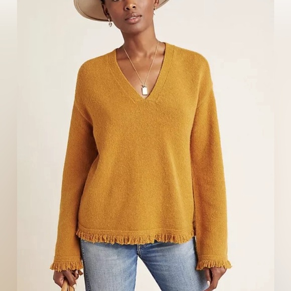 Joy Fringe‎ Hem V-Neck Mustard Soft  Sweater Anthropologie Size XS $120 - Picture 1 of 9
